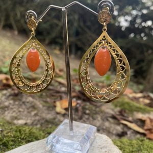 Boucles d’oreilles filigranes gouttes et navettes émaillées oranges
